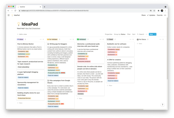 A Notion system for capturing product ideas.