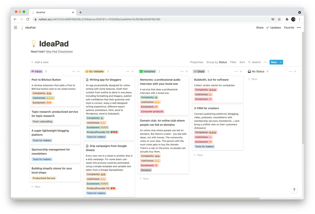 A Notion system for capturing product ideas.